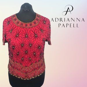 VTG Red/Black/Gold Stunning 90's Adrianna Papell Evening Silk Beaded Top Sz XL